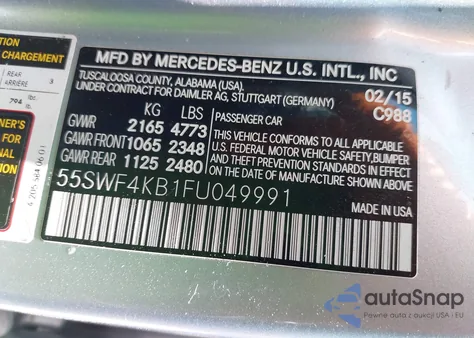 2015 Mercedes-Benz C 300 4Matic/Luxury 4Matic/Sport 4Matic из США, поврежденный, VIN 55SWF4KB1FU049991